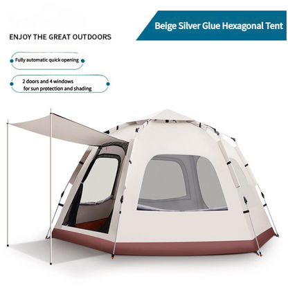 5-8 Person Hexagonal Camping Tent | Double-Layer Silver Coated Waterproof Shelter with Awning (280*280*158cm)