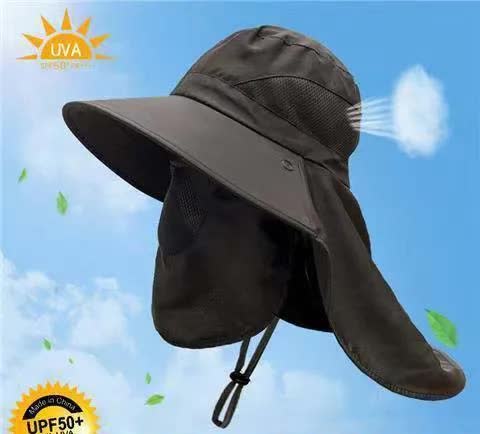 Black Outdoor UV Protection Hat for Men - Detachable Face & Neck Shield, Large Brim Sun Hat for Fishing, Hiking, and Outdoor Activities